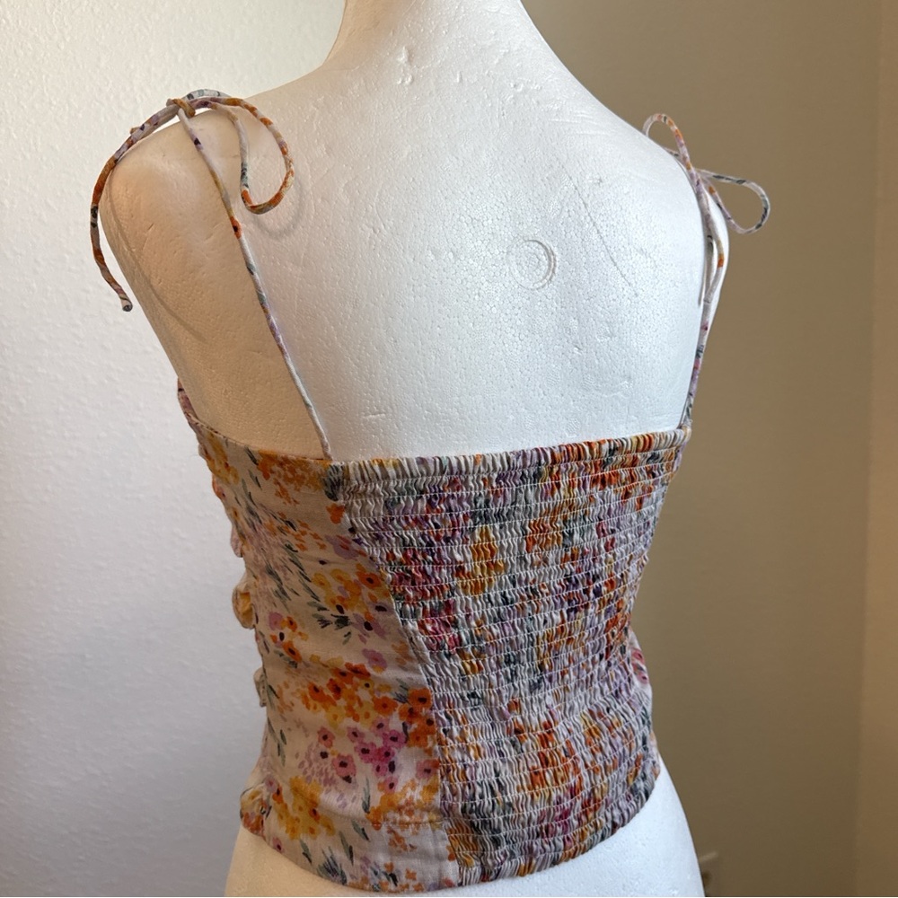 H&M 100% Linen Fitted Tie Shoulder Top Feminine Coquette Dainty Floral Boho - Picture 3 of 7